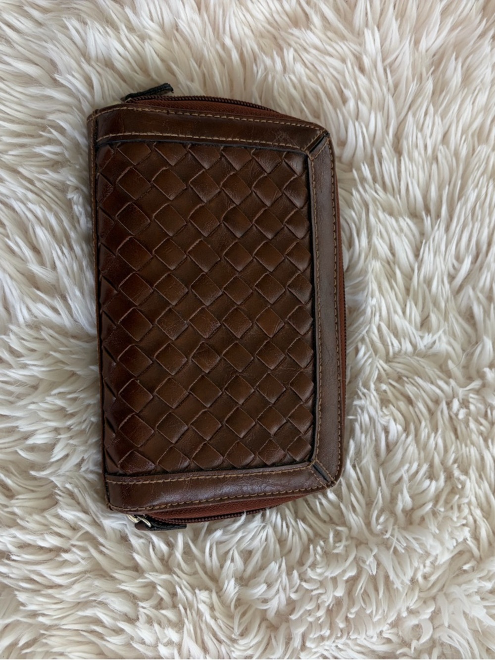 Woven Brown Leather Zip Wallet - Picture 1 of 5